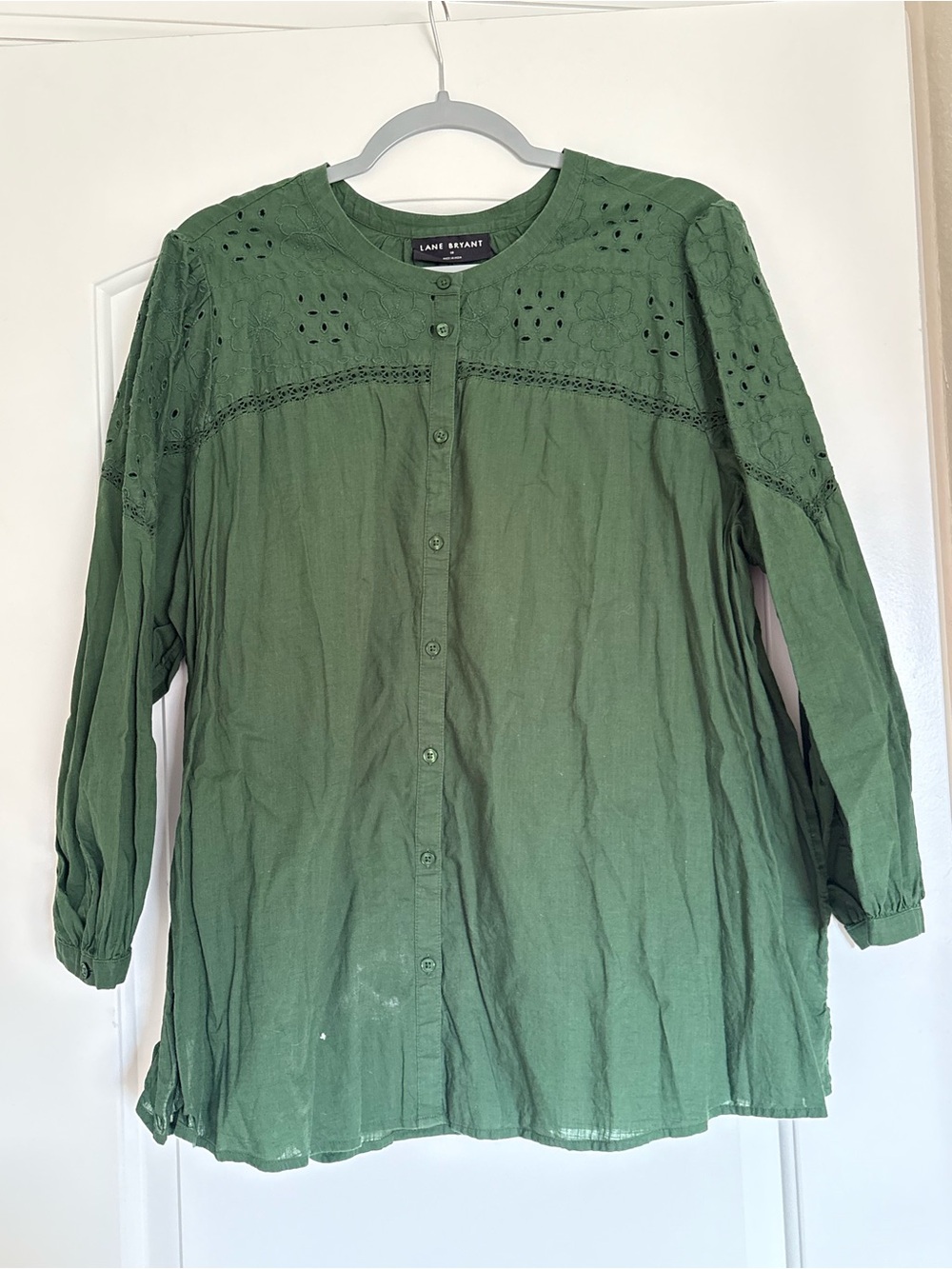 Lane Bryant Olive Green Button-Front Eyelet Blouse